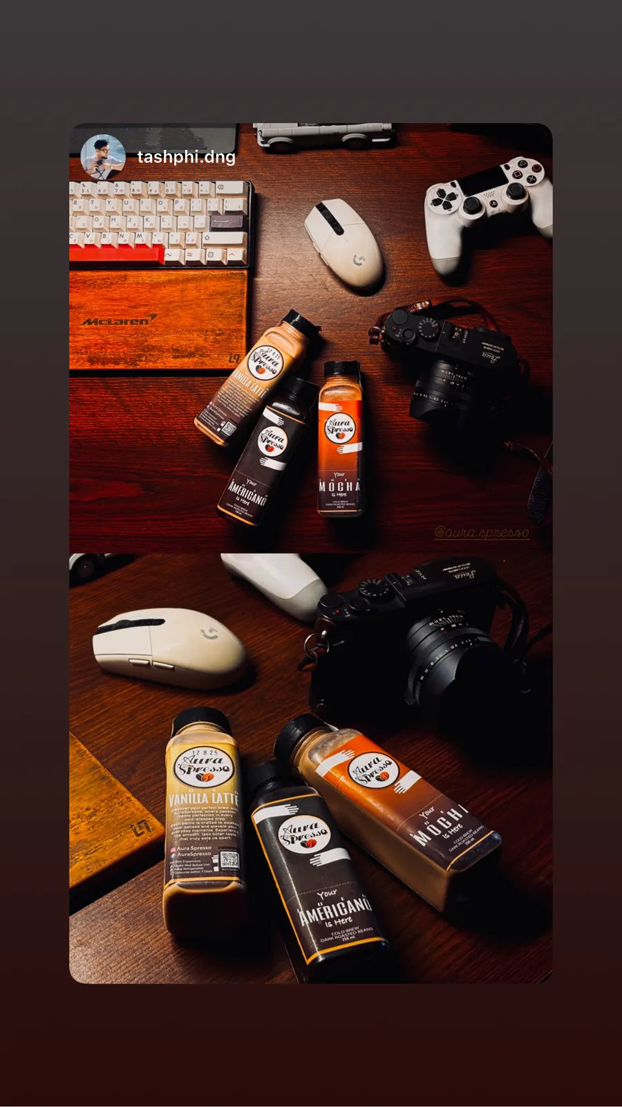 AuraSpresso bottles photographed on a desk